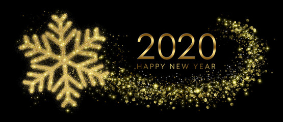 2020 Happy New Year Card With Golden Snowflake In Abstract Black Night