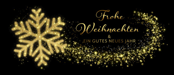 Fototapeta na wymiar German Merry Christmas And Happy New Year Card With Golden Snowflake In Abstract Black Night