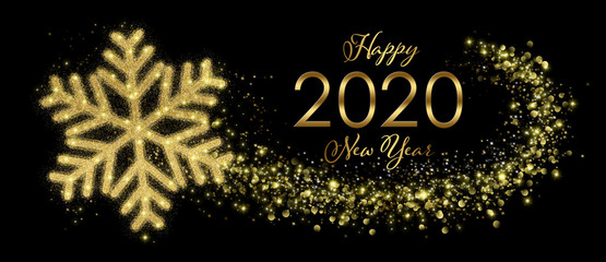Fototapeta na wymiar Happy 2020 New Year Greeting Card With Golden Snowflake In Abstract Black Night