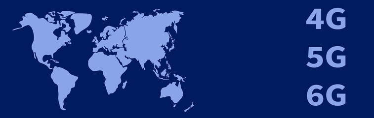 4G 5G 6G blue technology banner and world map