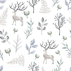 Watercolor christmas background with reindeer,leaf.Vector illustration seamless pattern for background,wallpaper,frabic.Editable element