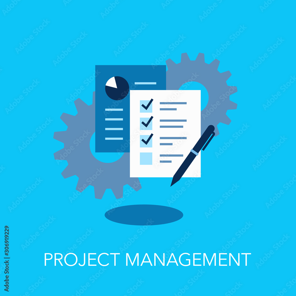 Poster Project management flat symbol with gears and documents over it. Easy to use for your website or presentation.