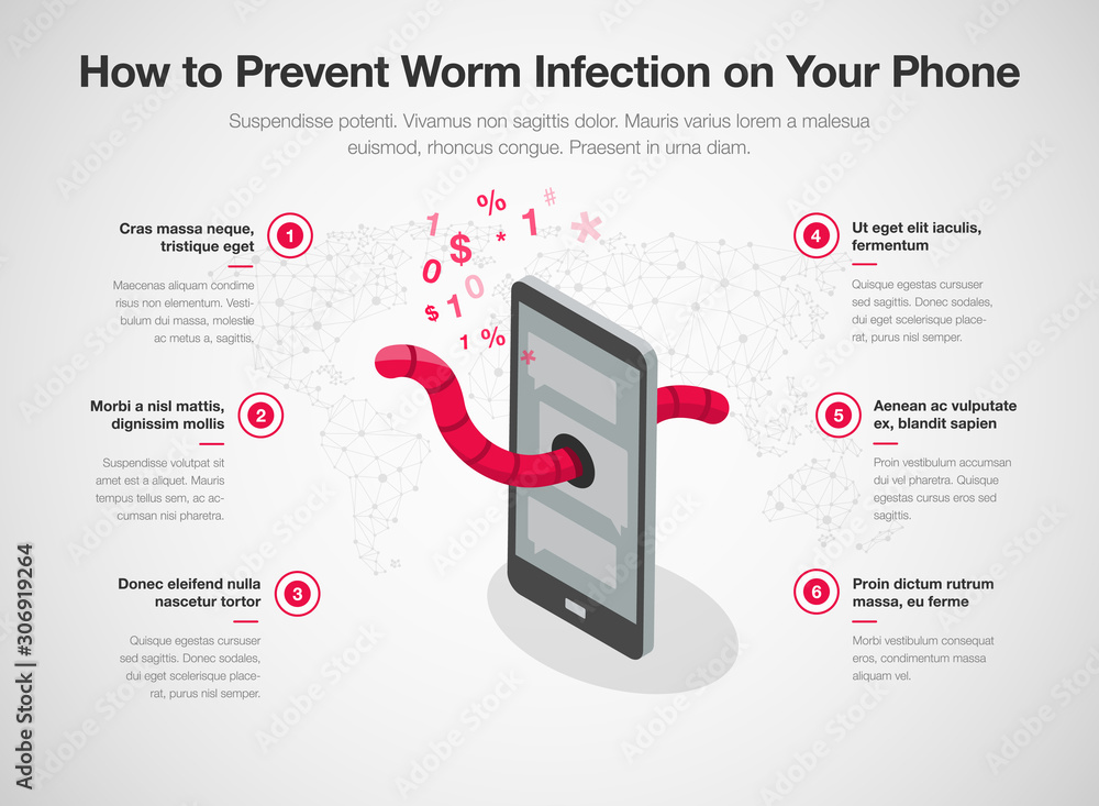 Leinwandbilder simple infographic for how to prevent worm infection on your smartphone, isolated on light backgroun