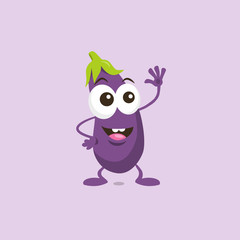 Illustration of cute happy eggplant mascot greeting someone with big smile isolated on light background. Flat design style for your mascot branding.
