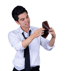 Portrait handsome young asian .businessman wearing a white shirt stressed because empty wallet no money isolated on white background in studio. Asian man people. business success concept.