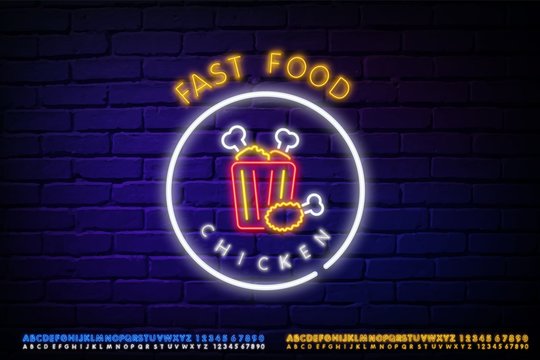 Logo Chicken Barbecue is a neon-style logo for a food store and a restaurant. Neon sign, night bright advertising chicken grill. Vector illustration. hot chicken dish on neon sign