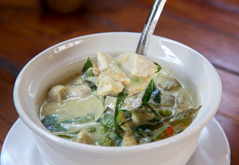 Green Chicken Curry,Thai cuisine. Delicious homemade butter fish curry with coconut,mangoes and spices. Tasty King fish curry made of coconut milk.