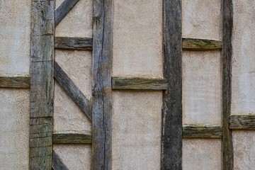 Wall of the old half-timbered house with wooden construction, texture