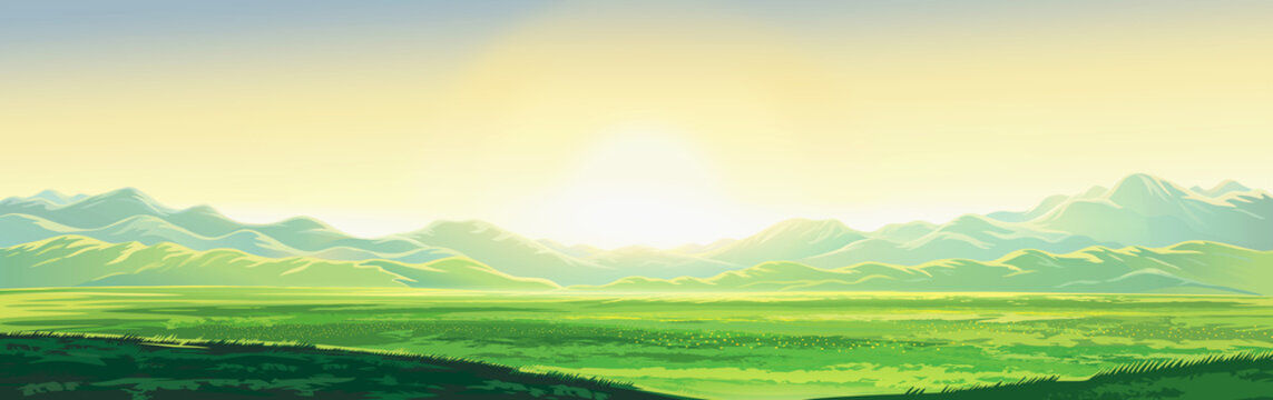 Summer mountain landscape, dawn over the valley, elongated format. Raster illustration. © Rustic