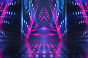 Empty background scene. Dark street reflection on wet asphalt. Rays of neon light in the dark, neon...