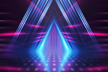 Empty background scene. Dark street reflection on wet asphalt. Rays of neon light in the dark, neon shapes, smoke. Background of an empty stage show. Abstract dark background.