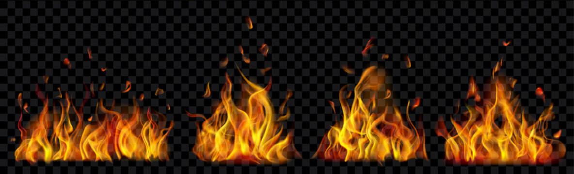 Set of translucent burning campfires of flames and sparks on transparent background. For used on dark illustrations. Transparency only in vector format