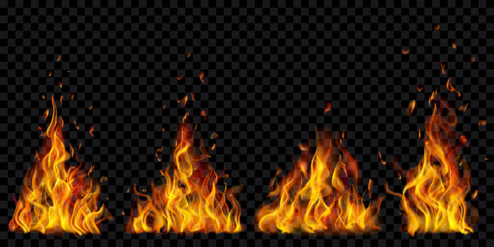 Set of translucent burning campfires of flames and sparks on transparent background. For used on dark illustrations. Transparency only in vector format