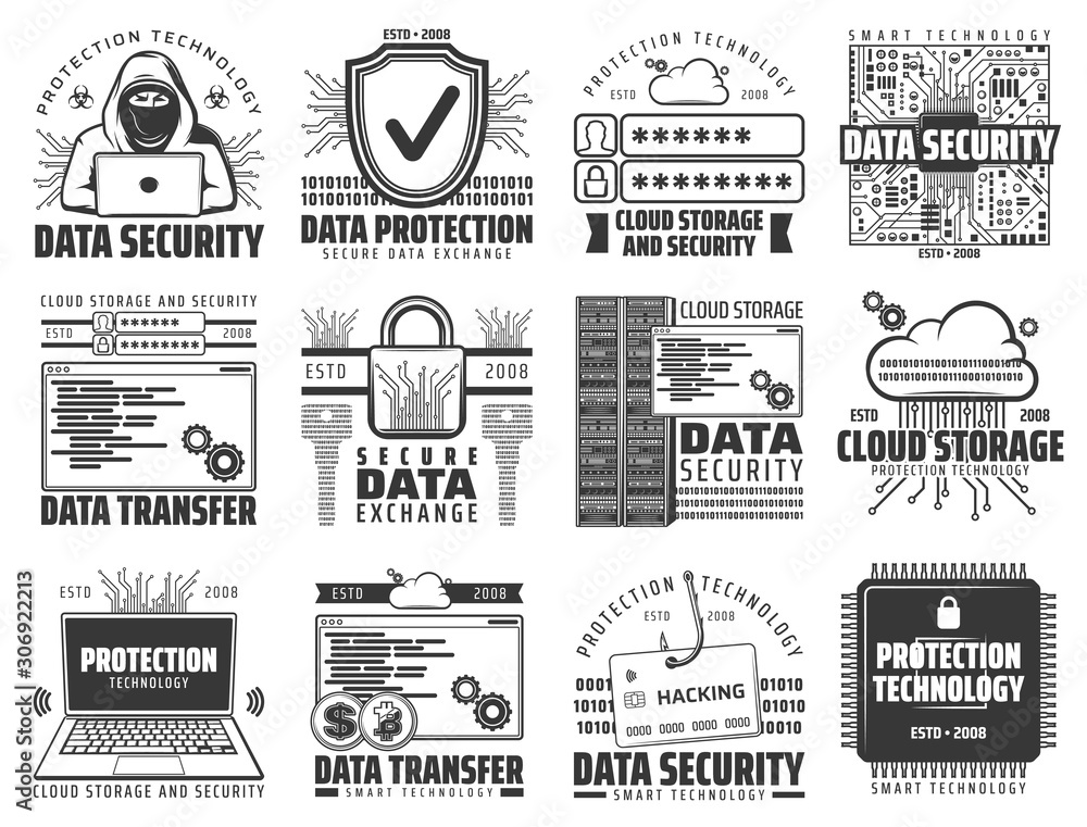Fototapete Cloud storage, internet data security and exchange protections, web phishing and hacking. Vector cloud storage and hosting server network technology, digital information storage access system