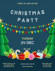 Poster for Christmas party with invitational text and celebration attributes.