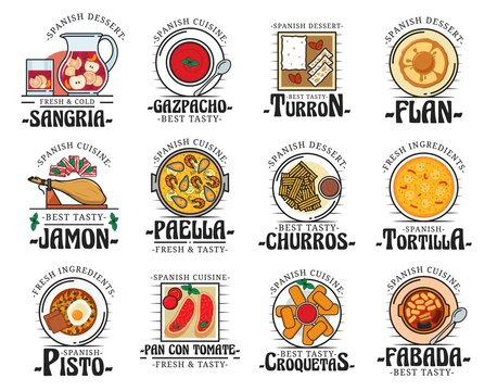 Spanish Cuisine Food, Traditional Snacks And Desserts, Restaurant Cafe Menu Dishes. Vector Spain Authentic Cuisine Jamon, Paella And Gazpacho Soup, Turron Dessert And Croquetas, Tortilla And Churros