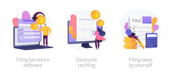 Income reporting, revenue declaration, financial statement. Filing tax return software, electronic tax filing, filing taxes by yourself metaphors. Vector isolated concept metaphor illustrations.