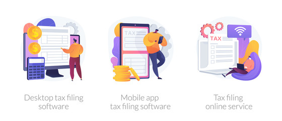 Declaration programs, easy reporting, tax website. Desktop tax filing software, mobile app tax filing software, filing online service metaphors. Vector isolated concept metaphor illustrations.