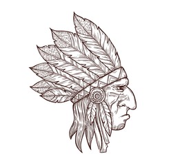Indian chief head in traditional headdress of eagle feathers, sketch tattoo symbol. Vector Western and native American Indigenous tribe culture symbol of Indian chief warrior, monochrome engraving
