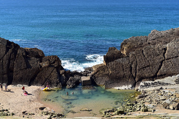 Atlantic ocean rocky coastline near Playa Del Portio Beach, Santander, Cantabria, Spain