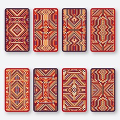 Geometric ethnic pattern. Collection back side of cards in yellow and red colors