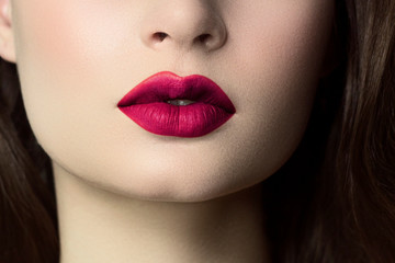 Sexual full lips. Natural gloss of lips and woman's skin. The mouth is closed. Increase in lips,...