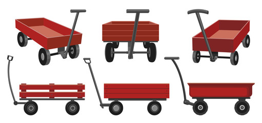 Garden cart cartoon vector illustration on white background. Farm wheelbarrow set icon.Vector illustration set icon equipment of garden cart.