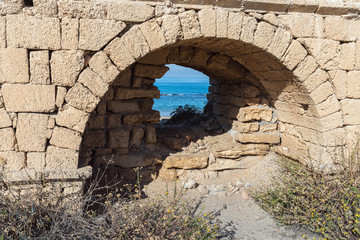 Morning  view of the remains of an ancient Roman aqueduct located near Caesarea in Israel