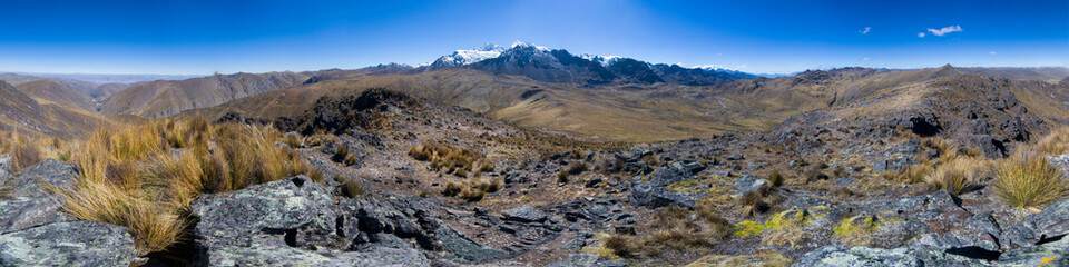 Panoramic view of the beautiful Huaytapallana mountain range in the central Andes of Peru.