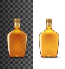 Whiskey bottle realistic 3d mockup template. Vector isolated blank orange bottle of drink premium alcohol beverages, Irish or Scotch whiskey, elite cognac or bourbon, bar menu symbol