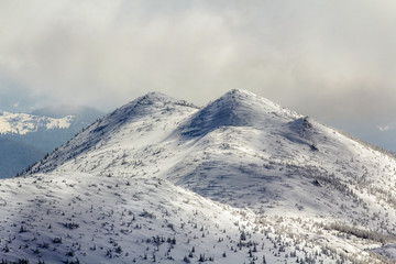 Fototapeta na wymiar Winter landscape panorama. Snow cowered mountains after snowfall.