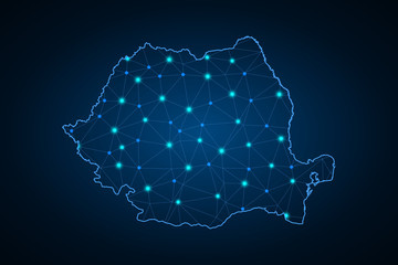 Map of Romania. Wire frame 3D mesh polygonal network line, design sphere, dot and structure. communications map of Romania. Vector Illustration EPS10. - Vector