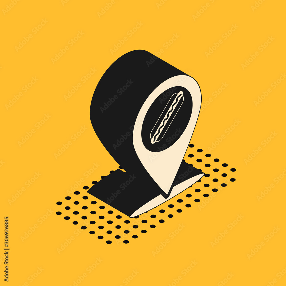 Poster isometric map pointer with fast food hotdog icon isolated on yellow background. sausage icon. vector