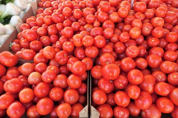 close up of tomatoes on display at the market