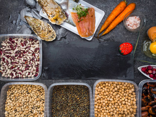 Assortment of healthy food containing iodine. Natural products rich in I, vitamins, micronutrients. Useful food for health and balanced diet. Prevention of avitaminosis.