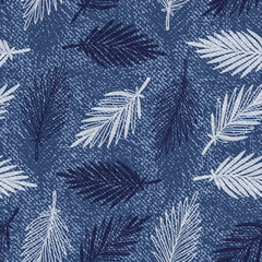 Denim Floral Seamless Pattern with Tropical Palm Tree Leaves. Vector Background with Hand Drawn Doodle Palm Leaf Sketch Drawing. Blue Jeans Cloth Texture with Flowers and Leaves