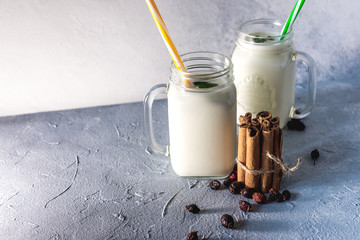 simple homemade kefir in a glass with spices and herbs on a gray background, copy space. Probiotic Ayran