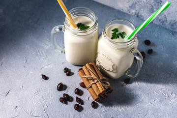 simple homemade kefir in a glass with spices and herbs on a gray background, copy space. Probiotic Ayran