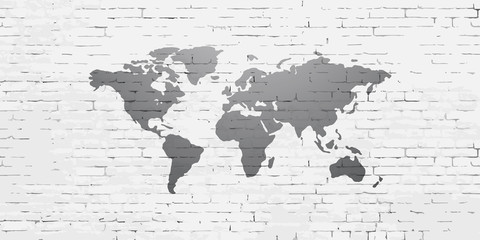 Simple stylized world map on brick wall. Continents silhouette in minimal line icon style. Vector illustration.