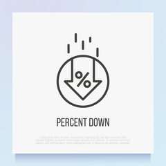 Percent down thin line icon. Special offer, sale. Cost reduction. Modern vector illustration. - obrazy, fototapety, plakaty