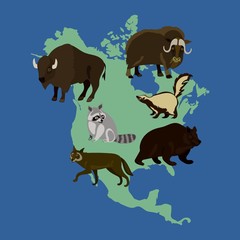 North American Animal Illustration Set on Map