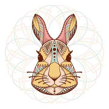 Ethnic animal. Tribal patterned Rabbit. Bunny head. Hare. Hand drawn Vector illustration 