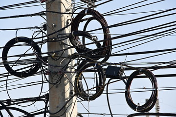 tangle cable wire on electricity pole