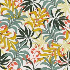 Summer seamless tropical pattern with bright yellow and red flowers and plants and leaves on white background. Beautiful print with hand drawn exotic plants. Exotic jungle wallpaper.