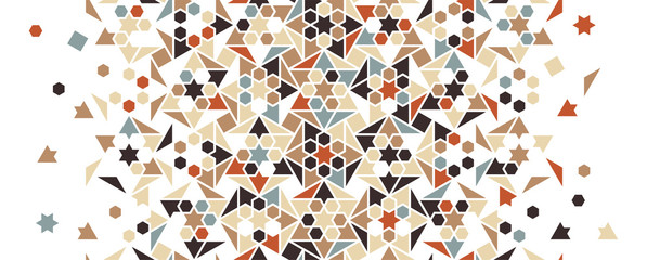 Arabesque vector seamless pattern. Geometric halftone texture with color tile and mosaic disintegration