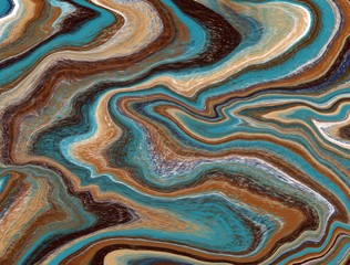 Fashionable colorful background is made in the technique of fluid art with blue accents. Liquid marble texture. The mixture of colors. The marble design. Hand-drawn fluid.