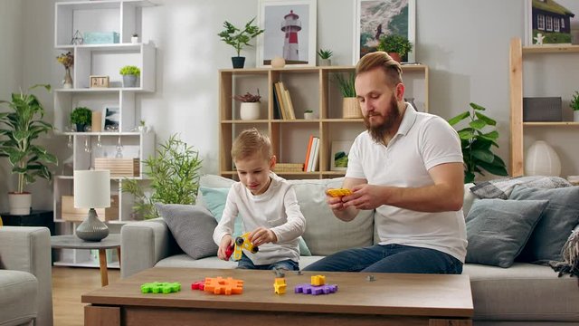 Father and son play with the constructor in the living room