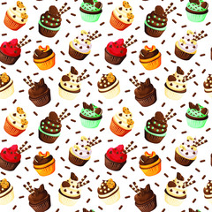 Delicious cute cupcakes vector illustration seamless pattern, isolated cartoon style muffin desserts.
