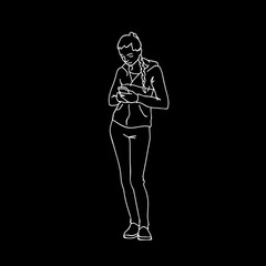 Fototapeta premium Smiling cute girl with phone. Side view. Monochrome vector illustration of sporty young woman looking in her smartphone, communicating online in simple line art style. White lines on black background.