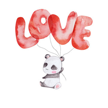 Cute panda flying with Love letters balloons